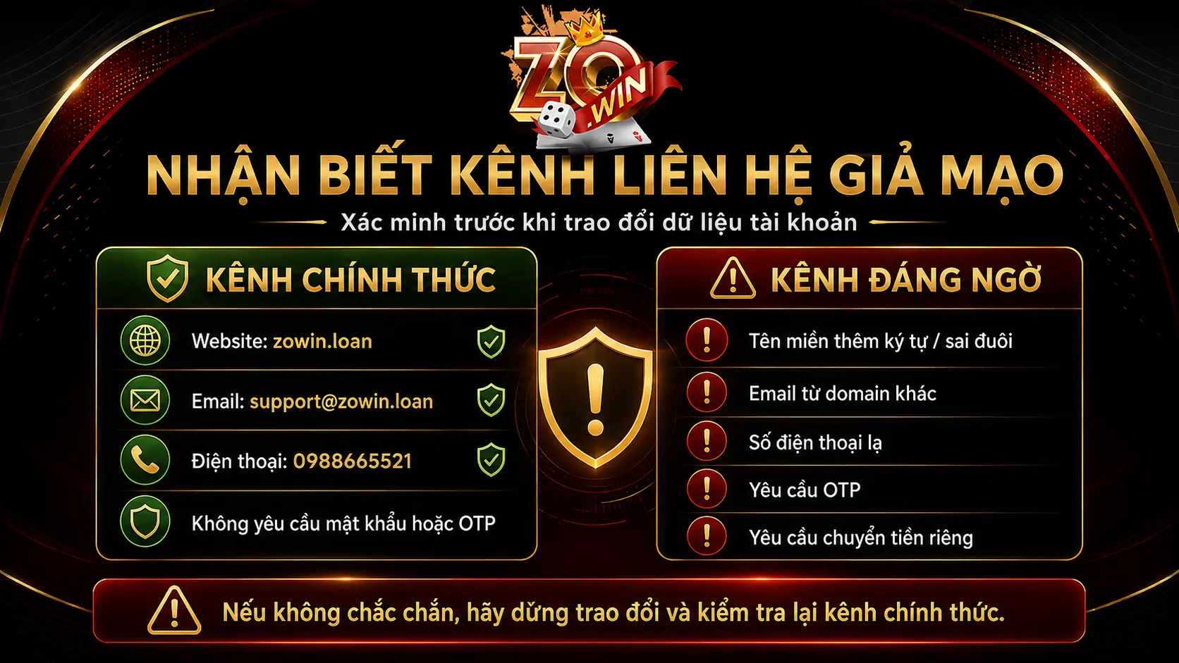 Làm sao nhận biết kênh liên hệ ZOWIN giả mạo